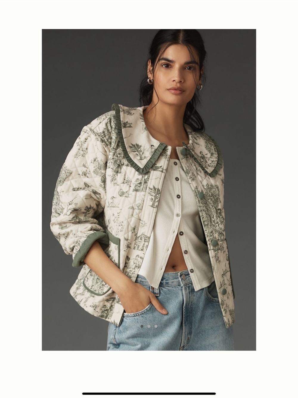 NWT Forever That Girl Quilted Toile Print Jacket with Green Trim